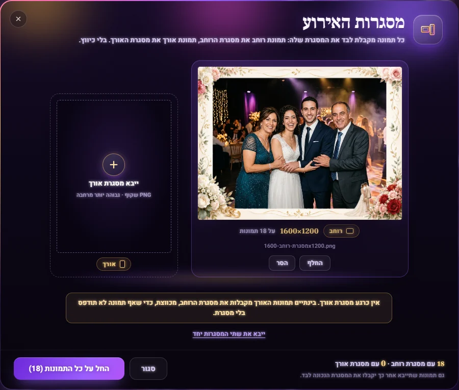 חלון מסגרות האירוע ב־NMagnet: מקום למסגרת רוחב ומקום למסגרת אורך, ותמונה לדוגמה בתוך מסגרת פרחים