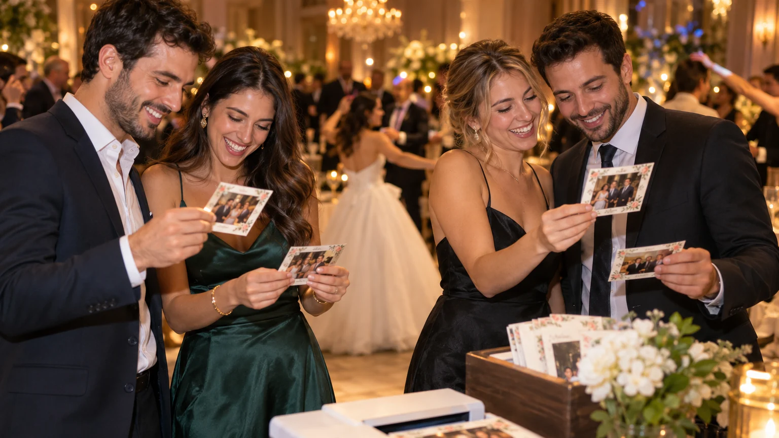 אורחים בחתונה מחזיקים מגנטים מודפסים ליד עמדת צילום, באור חם של אולם אירועים